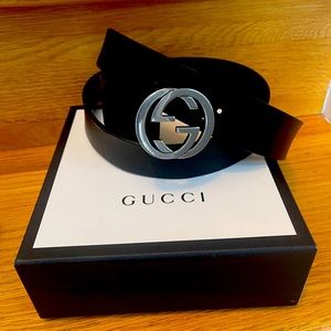 Gucci Belt, Black, Silver buckle, Mens belt with box